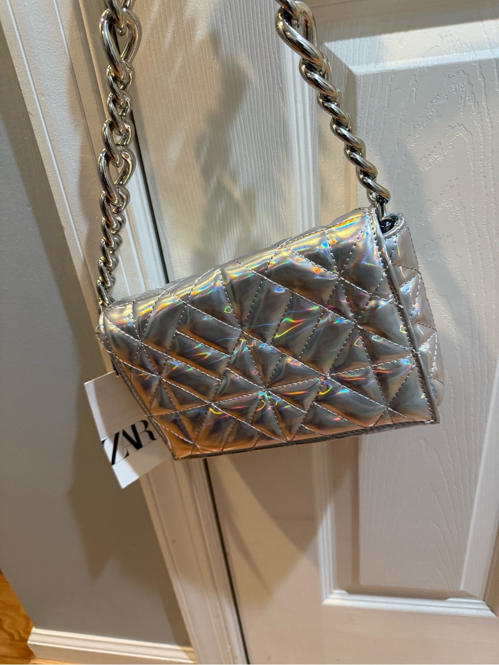 Zara Holographic Silver Quilted Chain Crossbody Bag